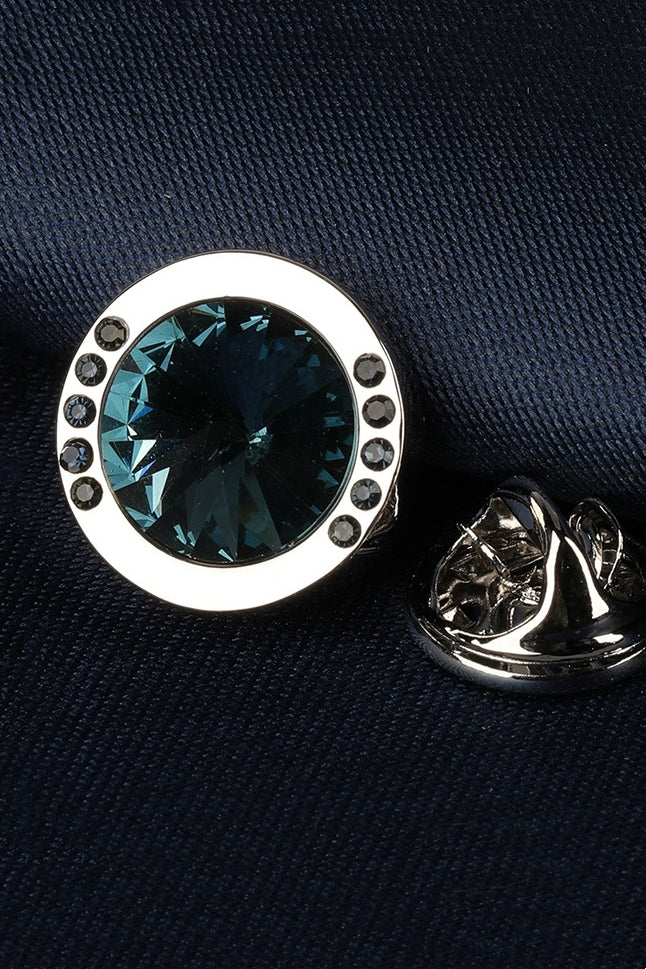 Round Teal Crystal Halo Silver Lapel Pin For Men Main image