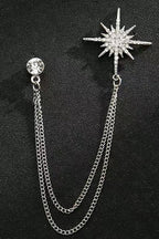 Silver Sun Star Double Chain Tassel Lapel Pin For Men