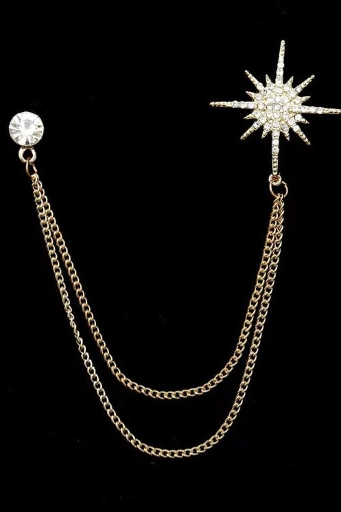 Gold Sun Star Double Chain Tassel Lapel Pin For Men Main image