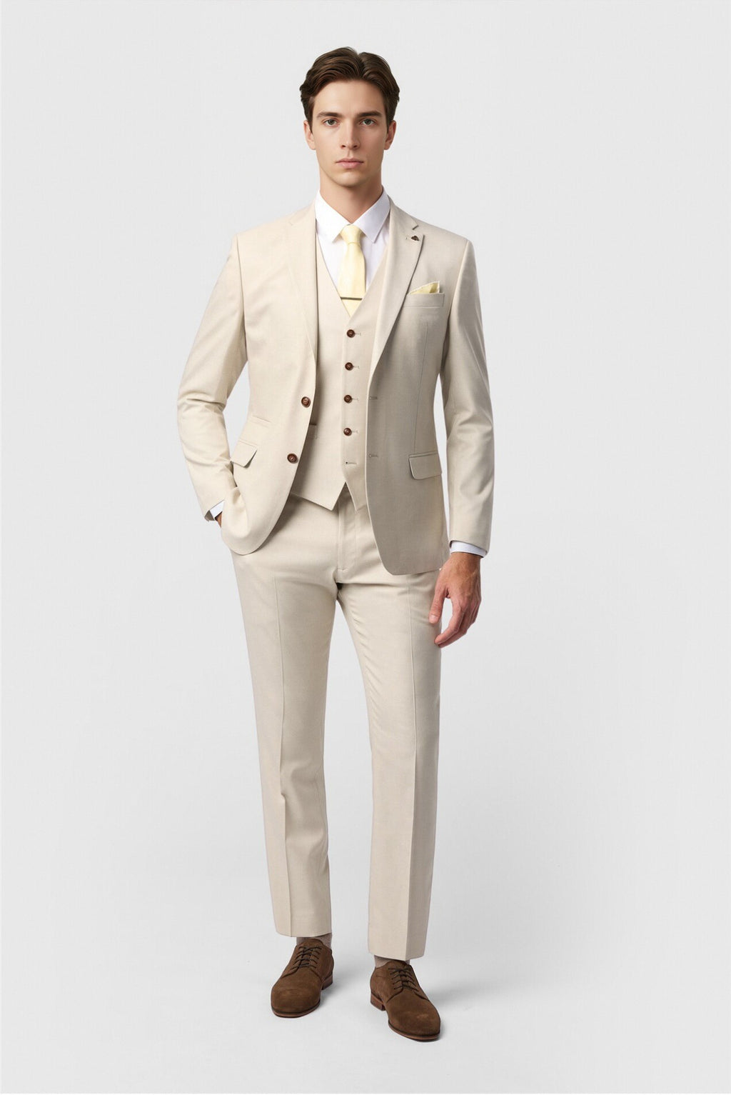 Ecru Slim Fit 3 Pieces Notched Lapel Men Suit