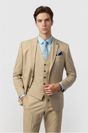 Khaki Stylish Notched Lapel 3 Pieces Men Suit