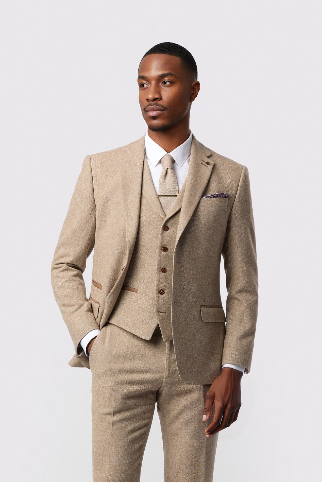 Light Brown Herringbone 3 Pieces Notched Lapel Men Suit Main image