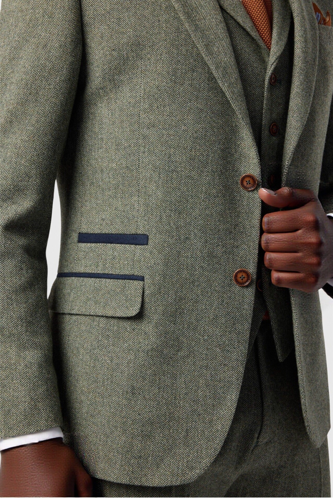 Chic Green Herringbone 3 Pieces Notched Lapel Men Suit