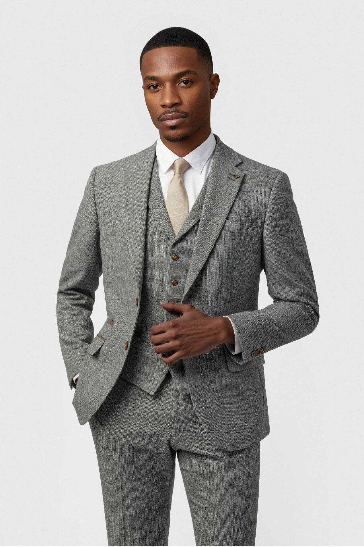 3 Pieces Gray Herringbone Notched Lapel Suit For Men Main image