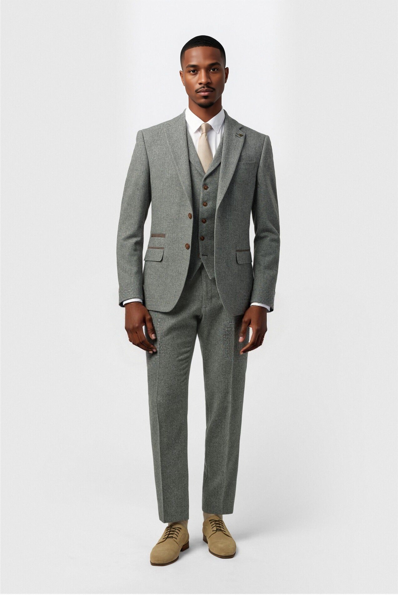 3 Pieces Gray Herringbone Notched Lapel Suit For Men