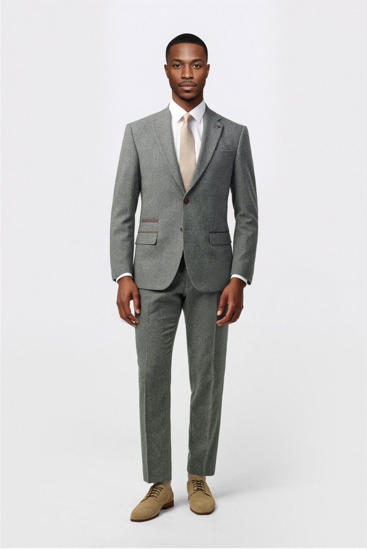 3 Pieces Gray Herringbone Notched Lapel Suit For Men