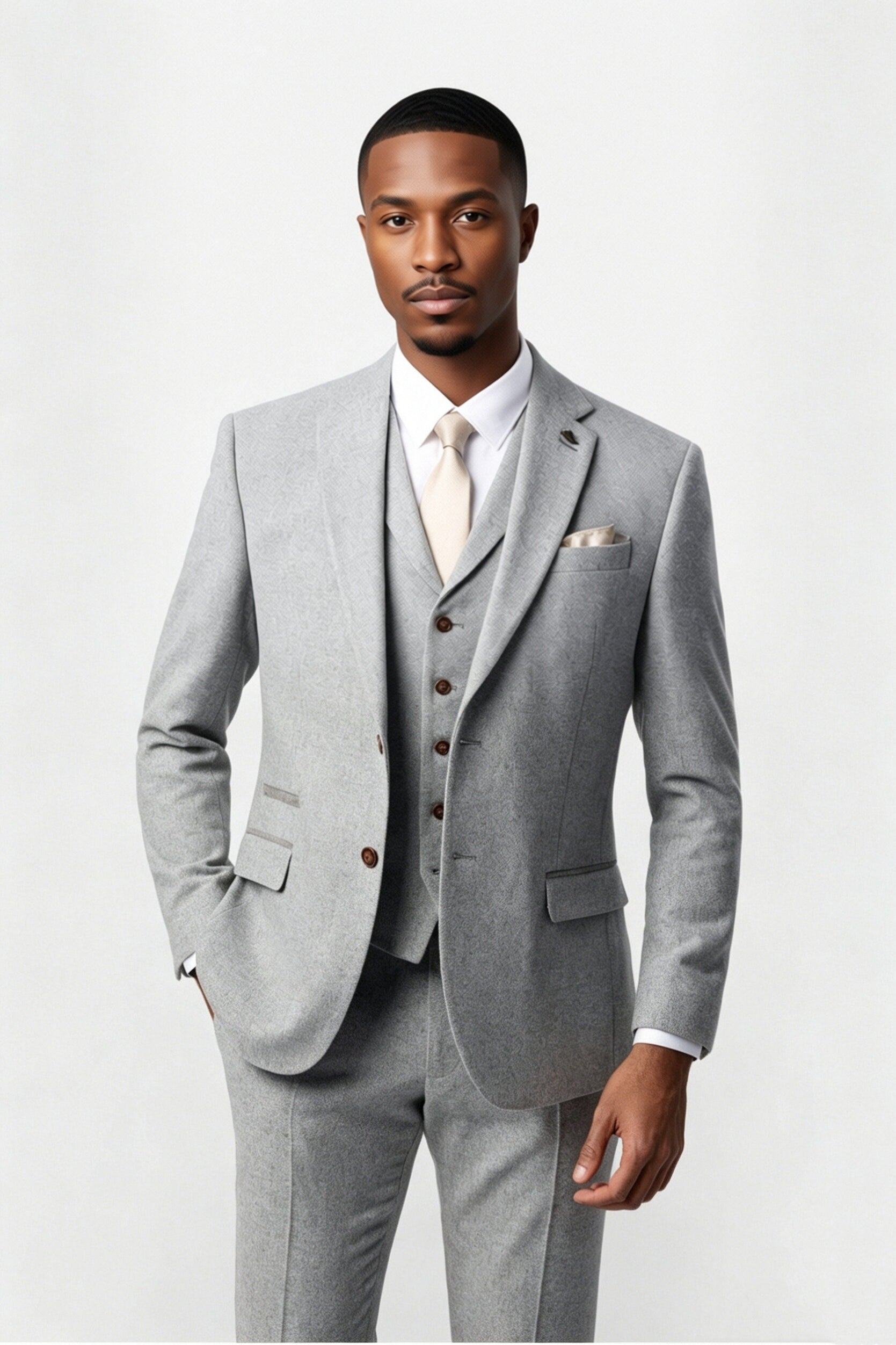 Stylish Light Gray Herringbone Notched Lapel 3 Pieces Men Suits Main image