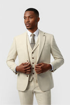Modern Ecru Herringbone Notched Lapel 3 Pieces Men Suits