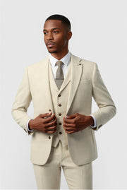Modern Ecru Herringbone Notched Lapel 3 Pieces Men Suits