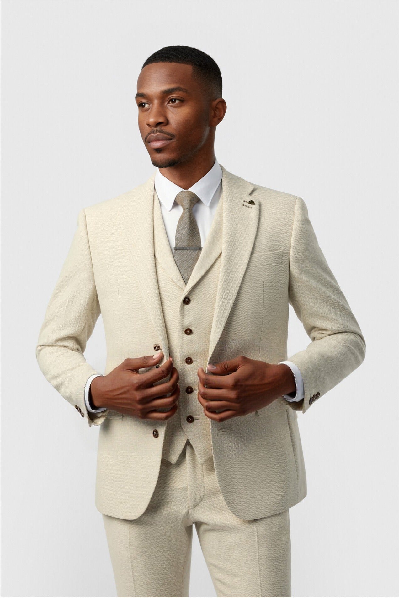 Modern Ecru Herringbone Notched Lapel 3 Pieces Men Suits