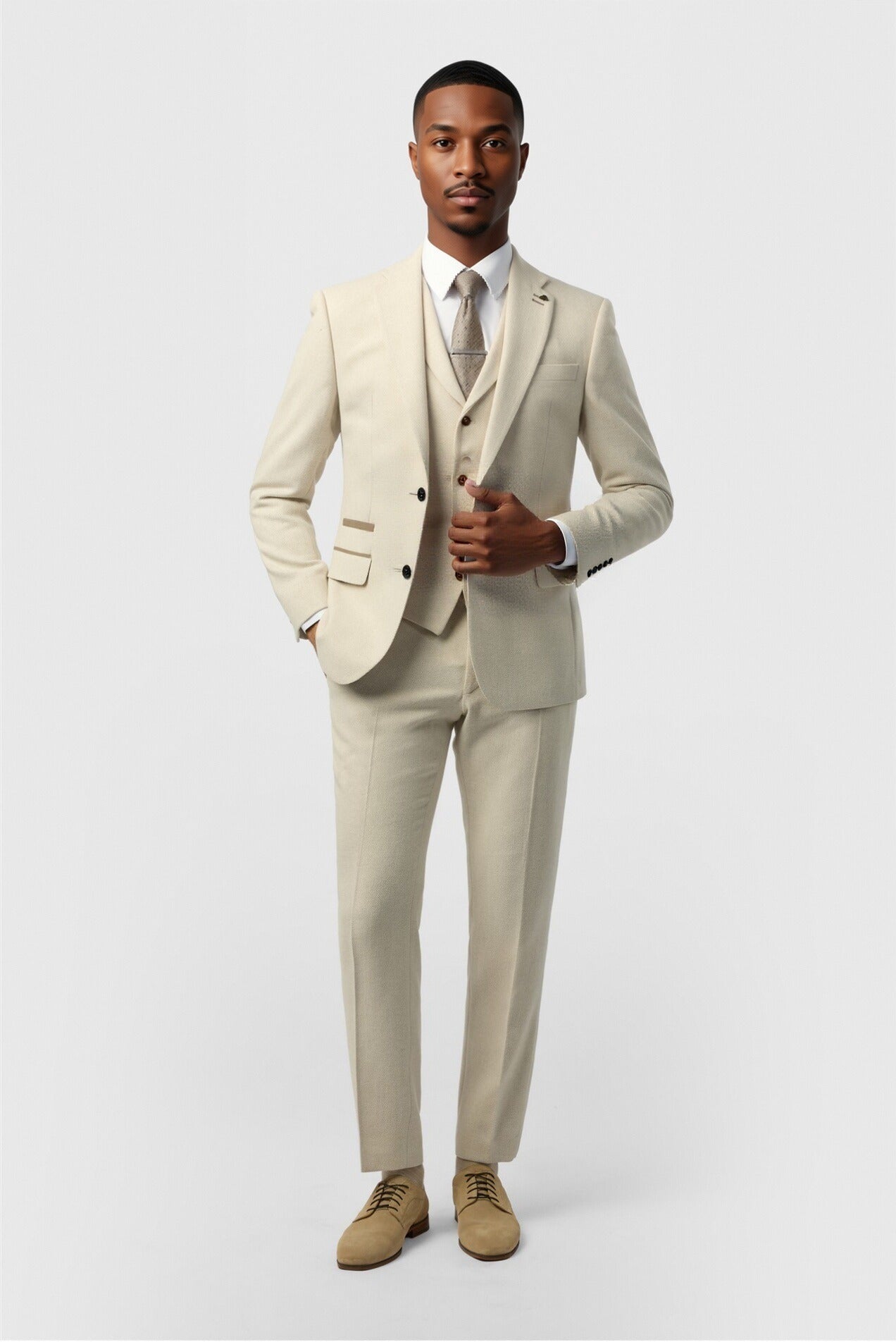 Modern Ecru Herringbone Notched Lapel 3 Pieces Men Suits Secondary image