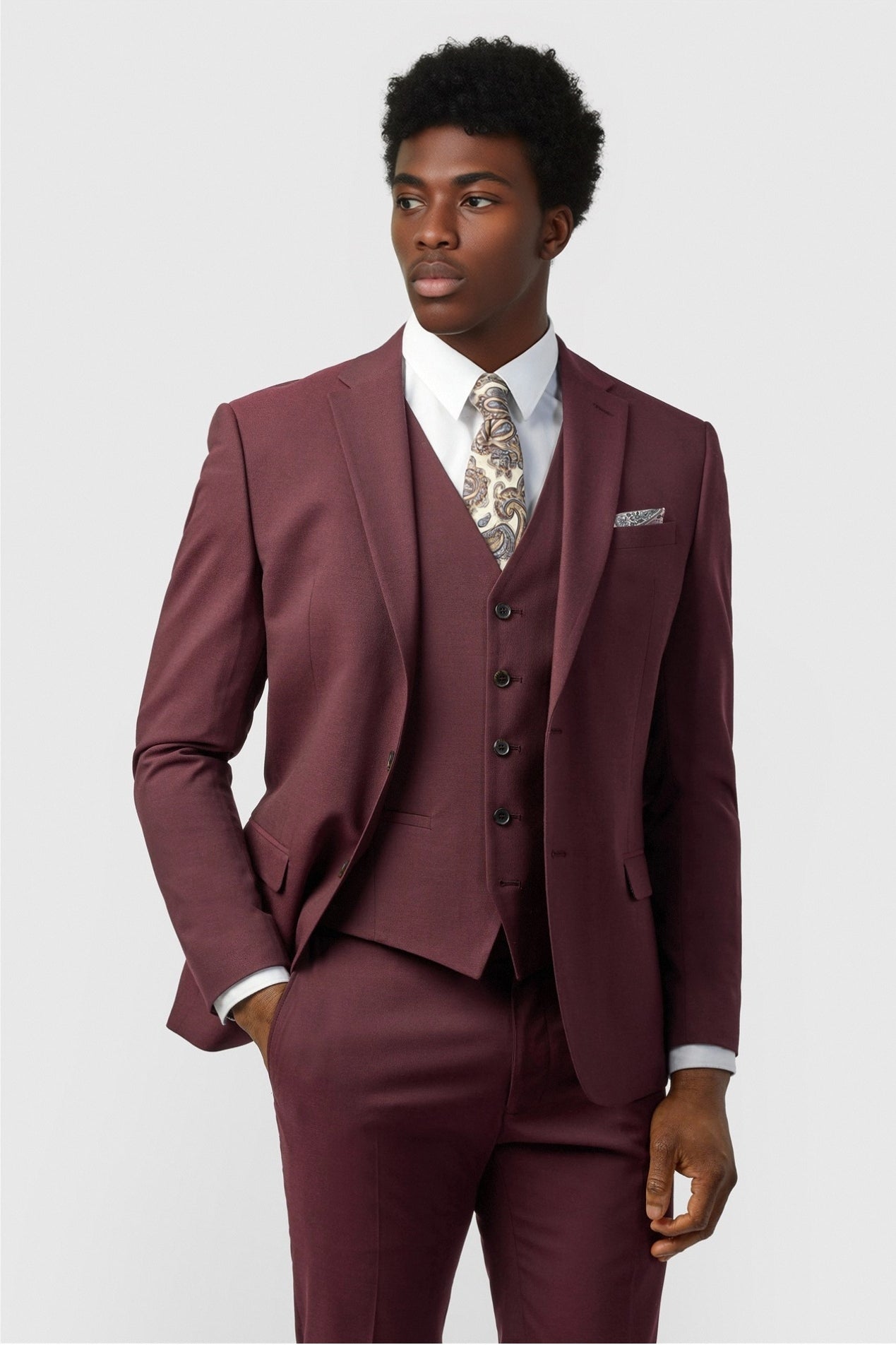 Charming Burgundy 3 Pieces Notched Lapel Suits For Men Main image