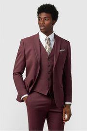 Charming Burgundy 3 Pieces Notched Lapel Suits For Men