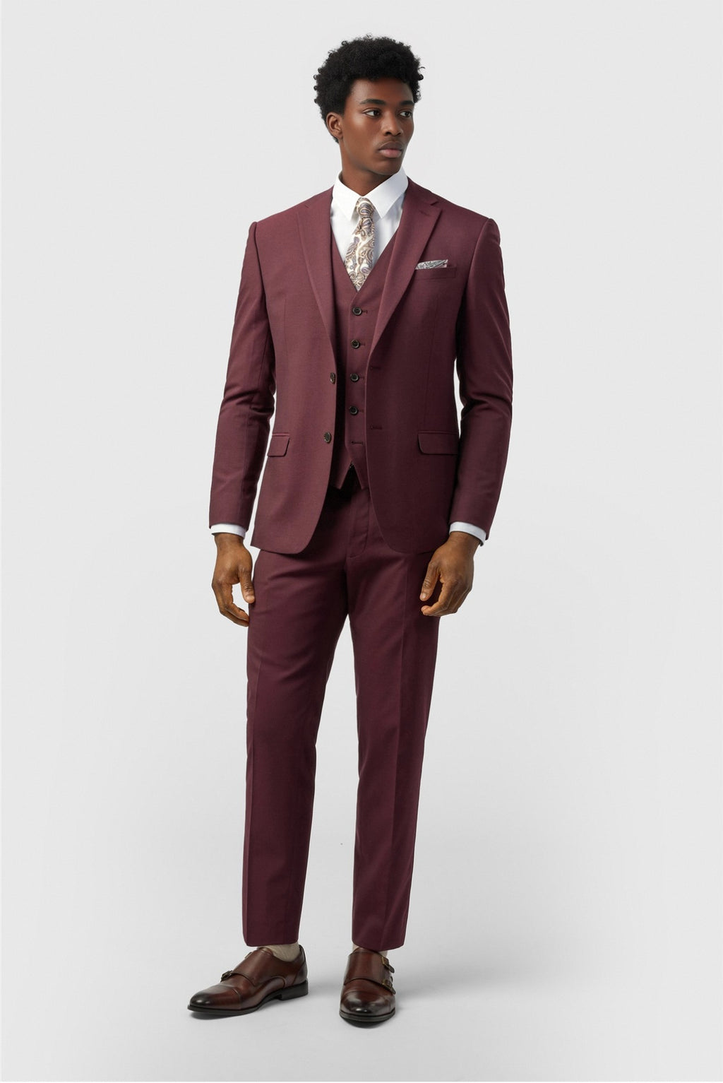Charming Burgundy 3 Pieces Notched Lapel Suits For Men