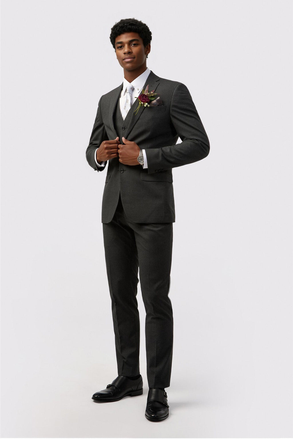 Charcoal Notched Lapel Suits For Men With Waistcoat