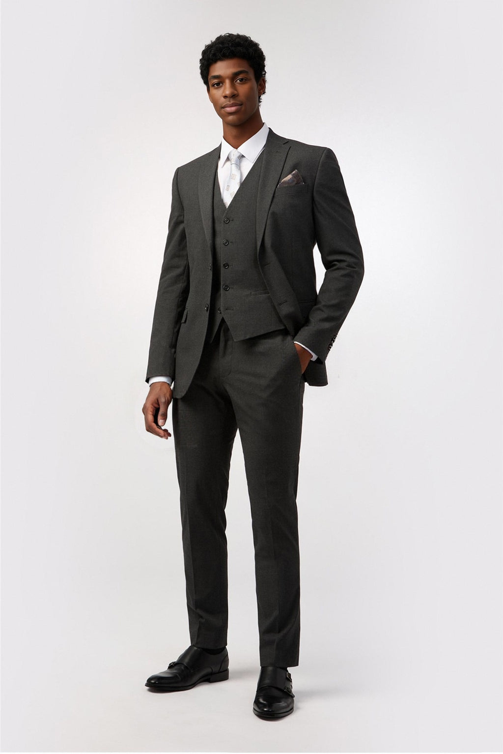 Charcoal Notched Lapel Suits For Men With Waistcoat