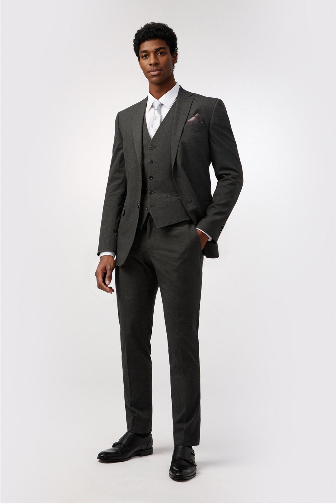 Charcoal Notched Lapel Suits For Men With Waistcoat