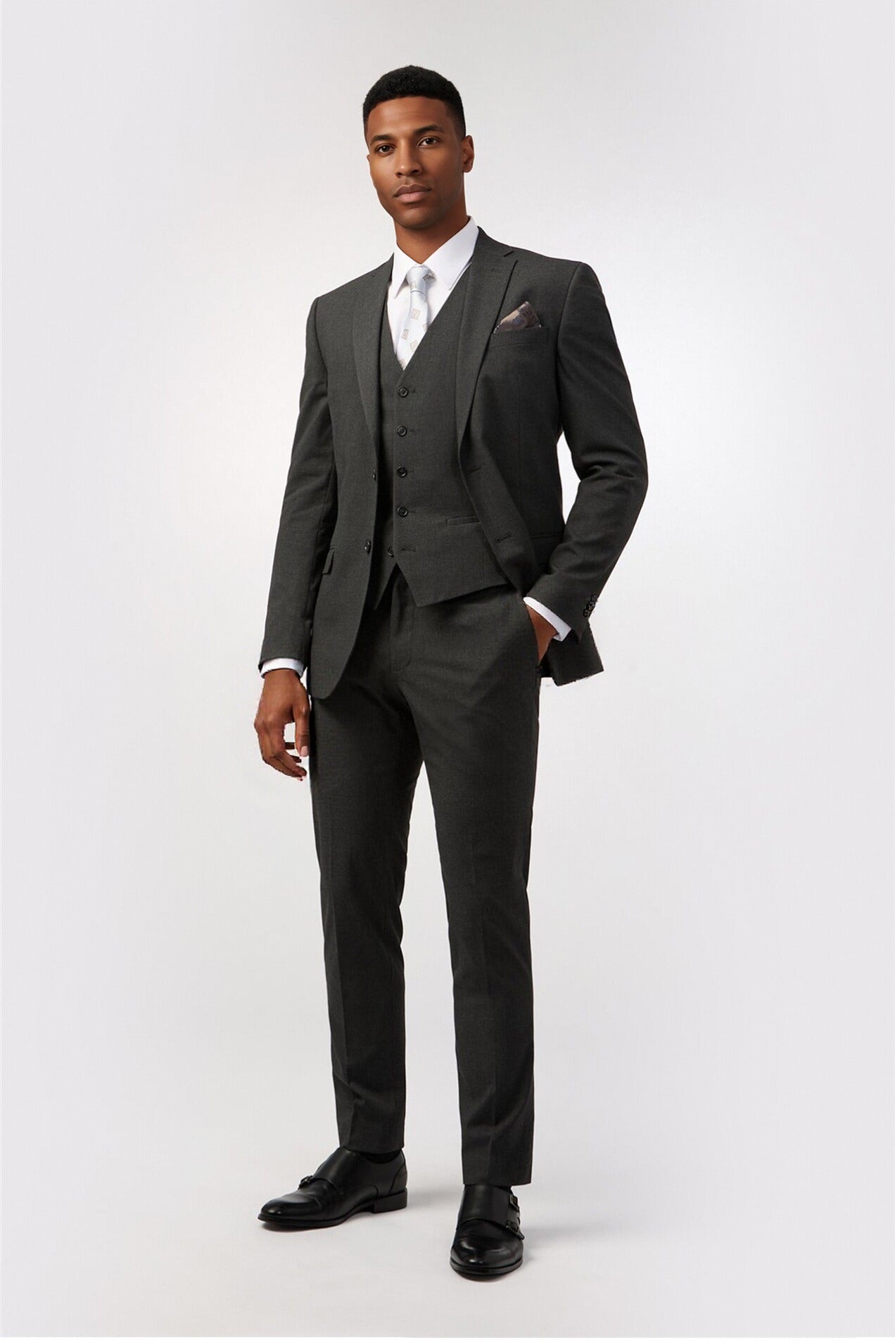 Modern Charcoal 3 Pieces Notched Lapel Suit For Men