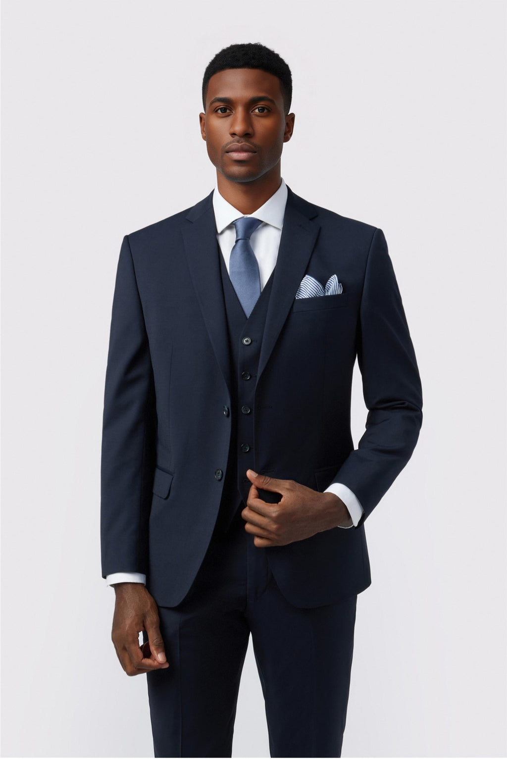 Trendy Navy Notched Lapel 3 Pieces Suits For Men
