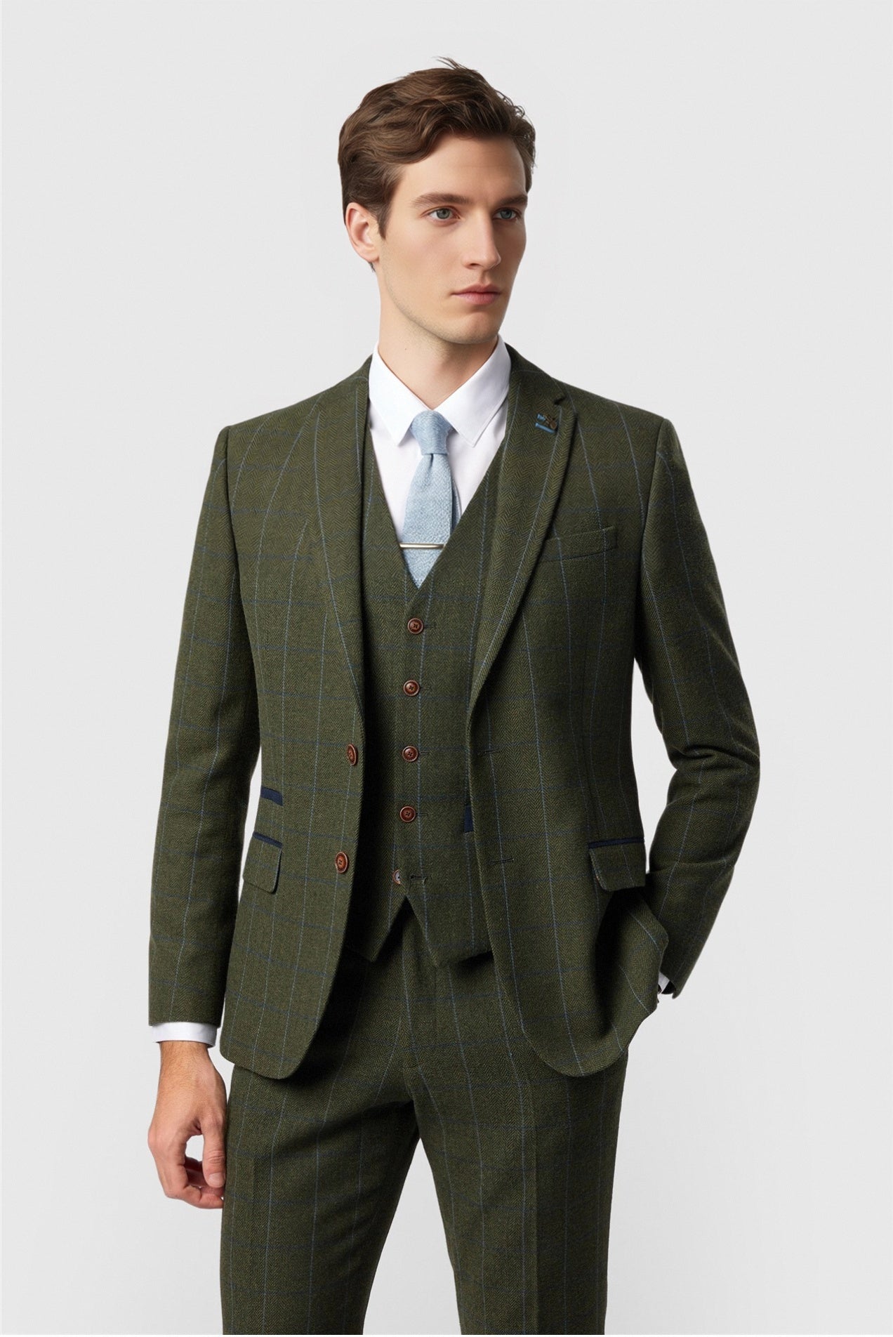 Green Notched Lapel 3 Pieces Checked Men Suits Main image