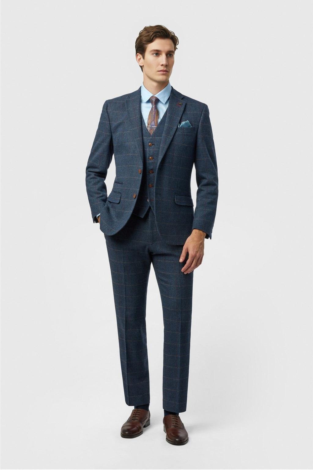 Chic Dark Blue 3 Pieces Notched Lapel Checked Men Suits