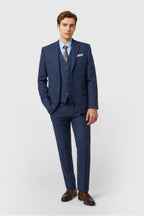 Modern Dark Blue Notched Lapel Checked Men Suits With Waistcoat