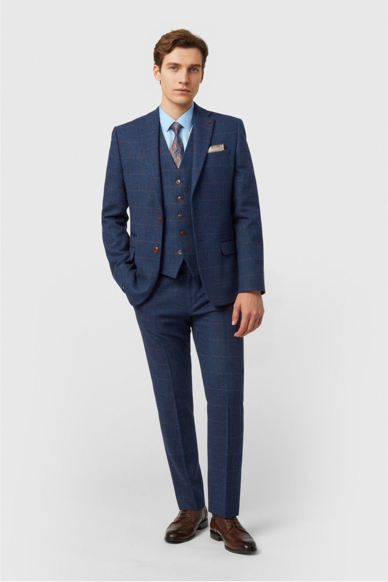 Modern Dark Blue Notched Lapel Checked Men Suits With Waistcoat