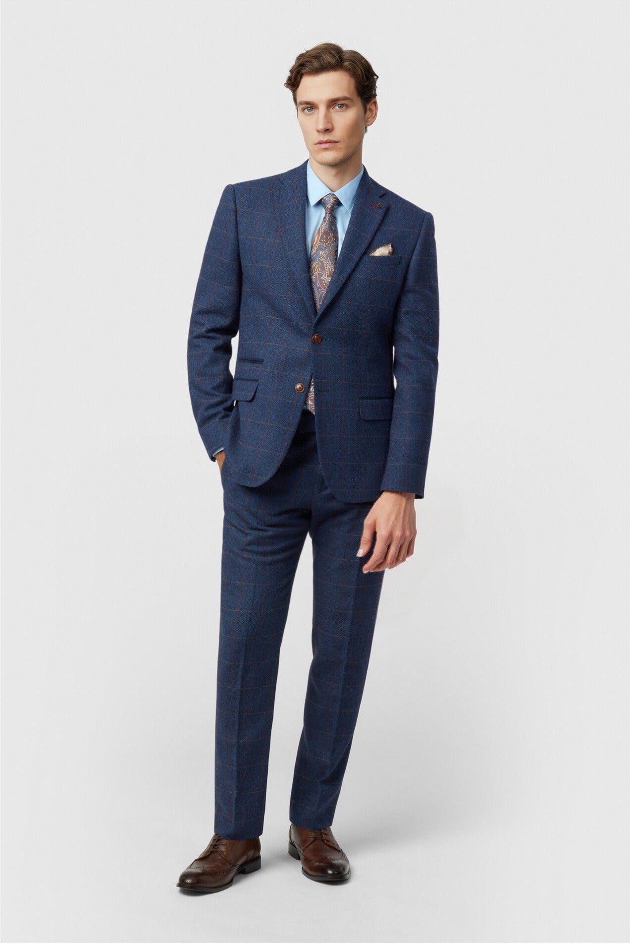 Modern Dark Blue Notched Lapel Checked Men Suits With Waistcoat