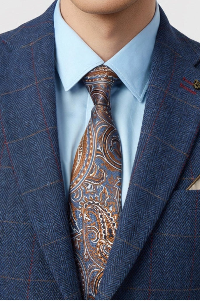 Modern Dark Blue Notched Lapel Checked Men Suits With Waistcoat
