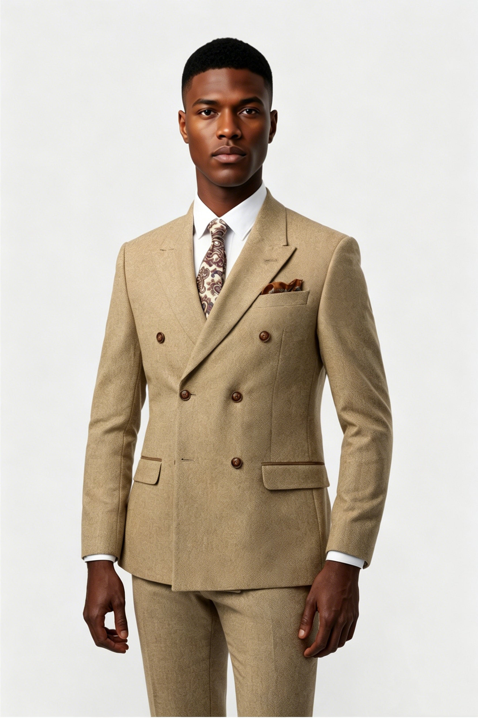Chic Light Brown Double Breasted Peaked Lapel Men Suits Main image