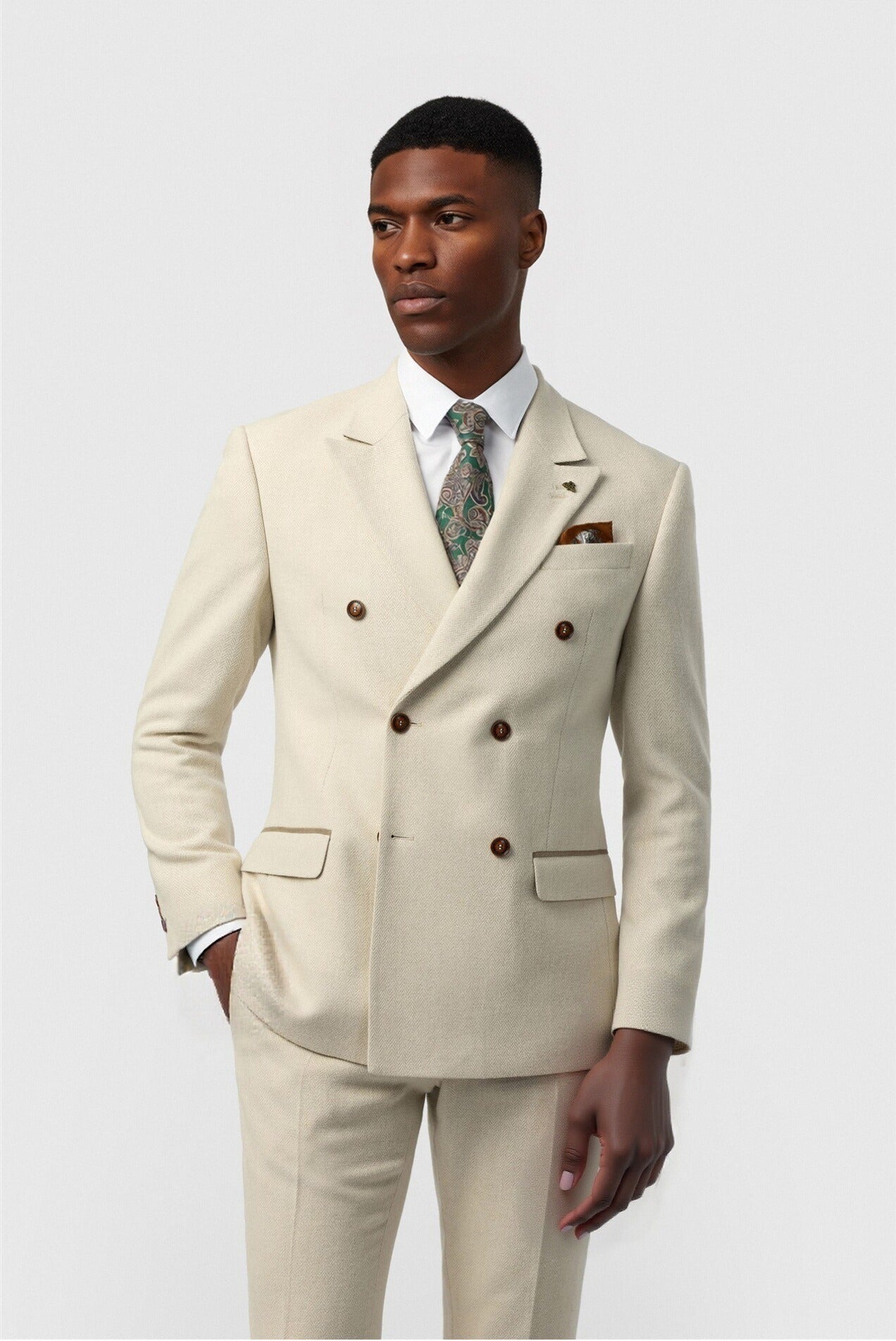 Modern Ecru Double Breasted Peaked Lapel Suits For Men Main image