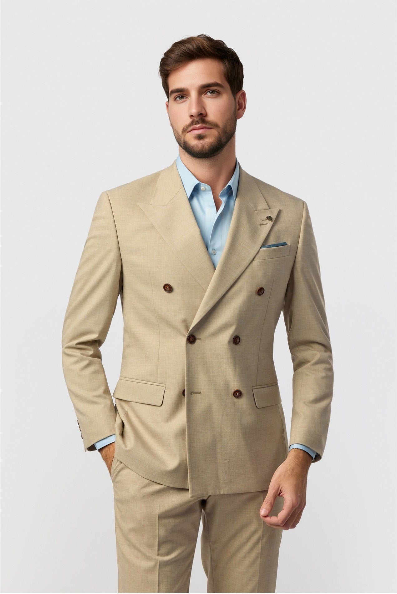 Best Fitted Khaki Peaked Lapel Double Breasted Men Suits Main image