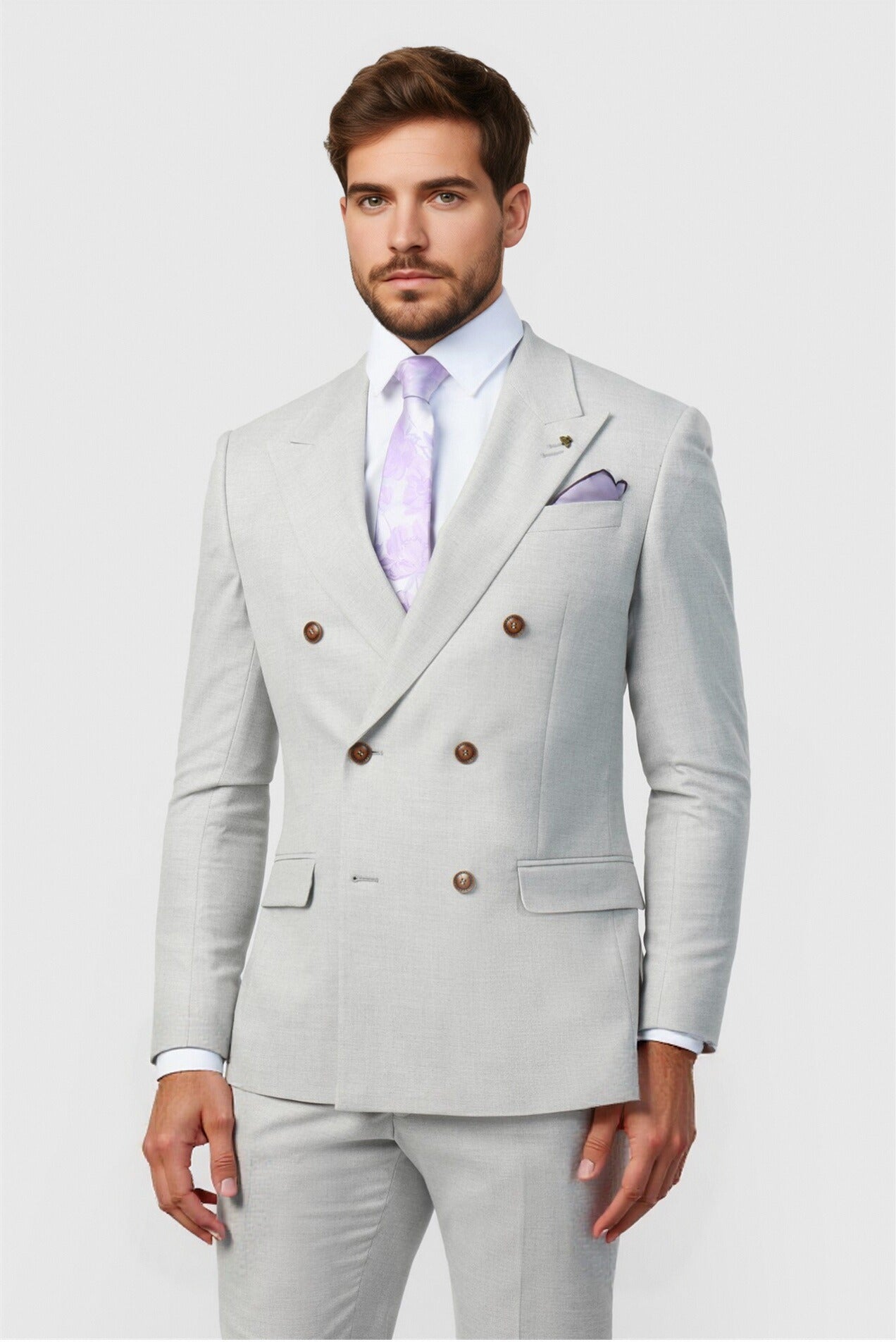 Fancy Light Gray Peaked Lapel Double Breasted Men Suits Main image
