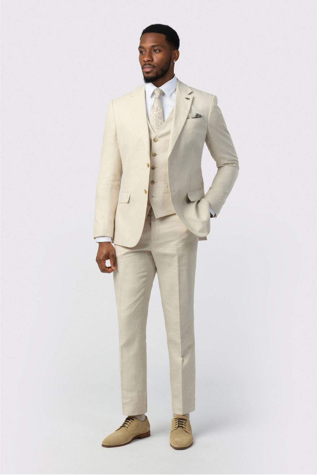 Latest Ecru 3 Pieces Notched Lapel Suits For Men