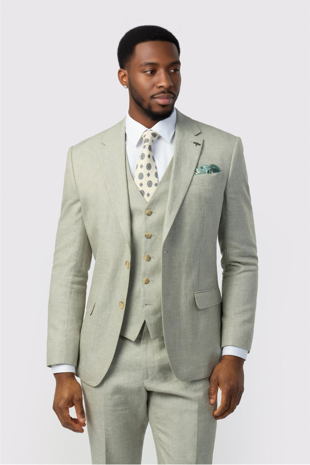 Light Sage Green 3 Pieces Notched Lapel Suits For Men