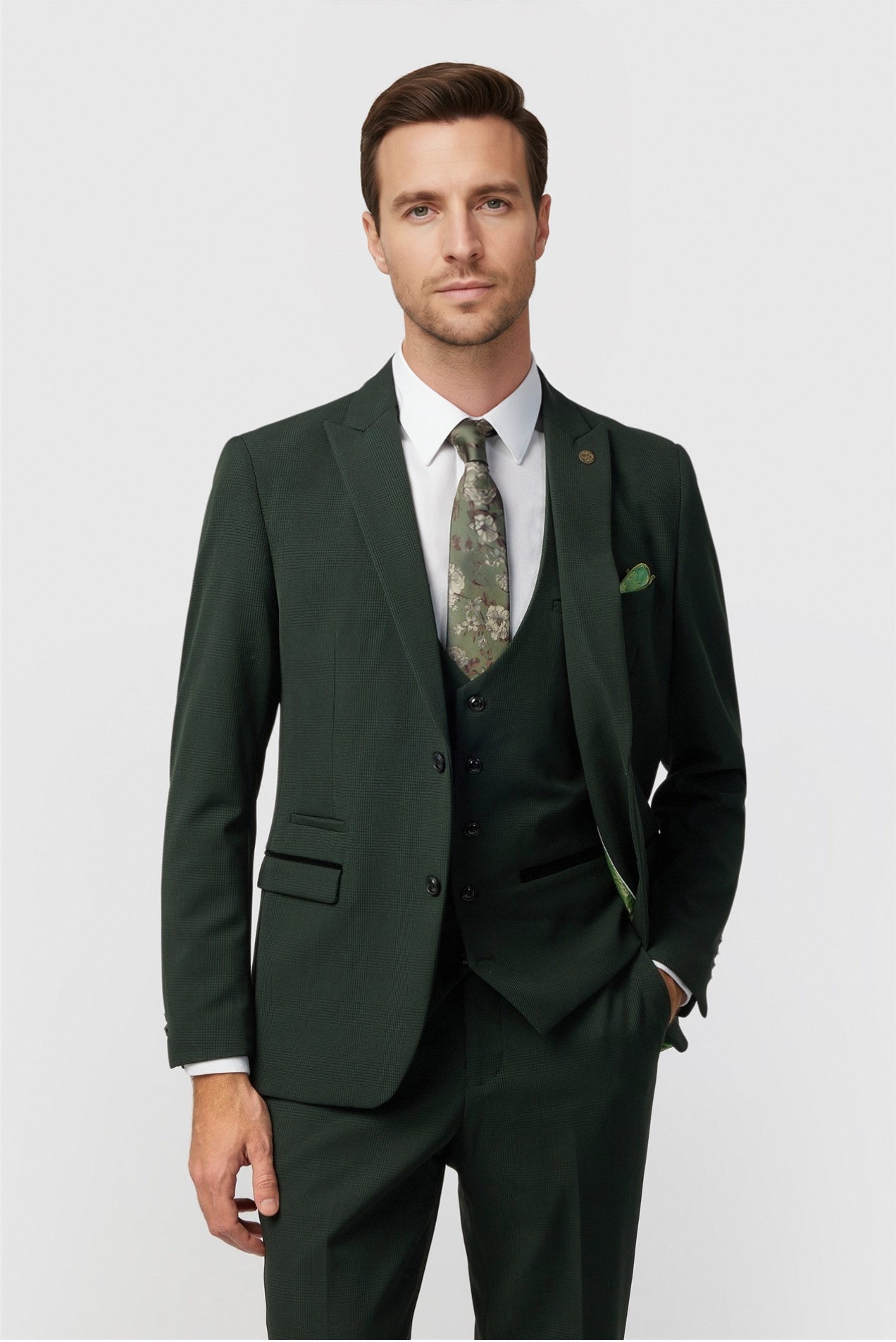 Handsome Green 3 Pieces Notched Lapel Checked Men Suits Main image