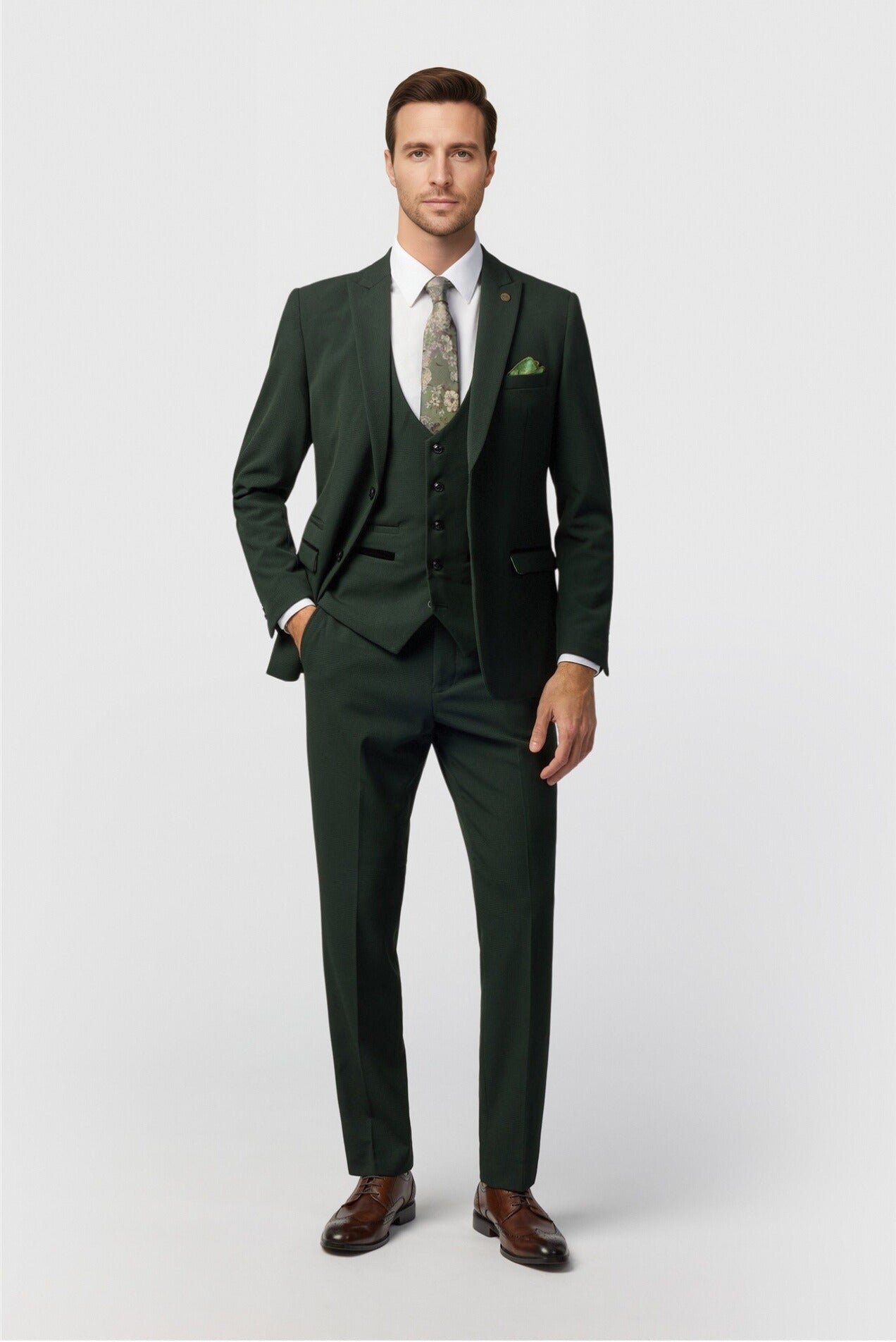 Handsome Green 3 Pieces Notched Lapel Checked Men Suits