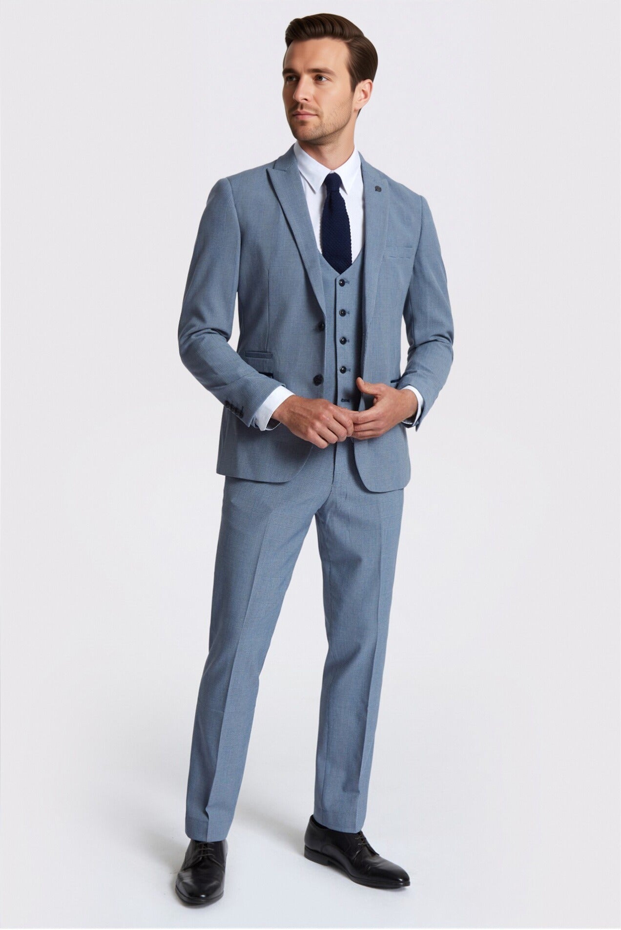 Chic Blue 3 Pieces Notched Lapel Checked Men Suits