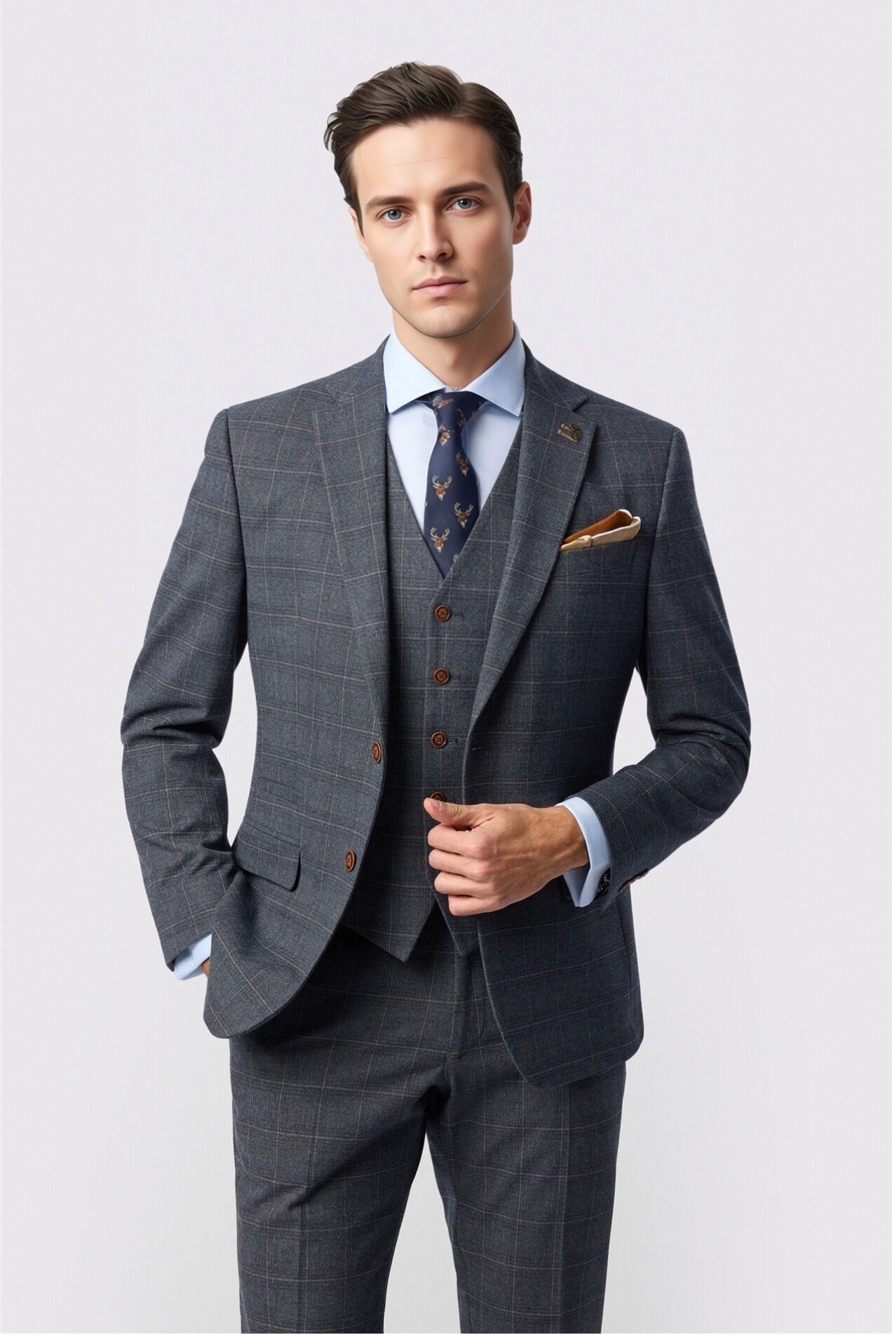 Fancy Charcoal 3 Pieces Notched Lapel Checked Men Suits Main image