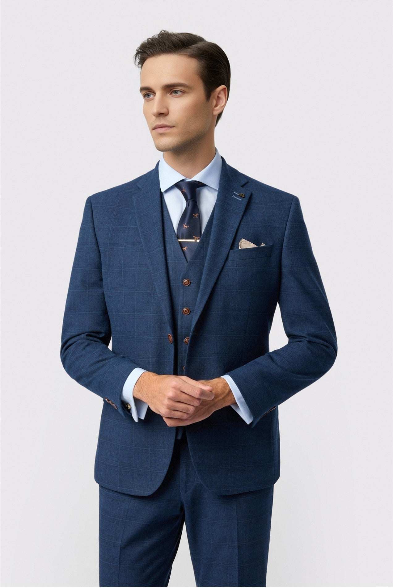 Blue Newest Notched Lapel Checked Men Suits With Waistcoat Main image
