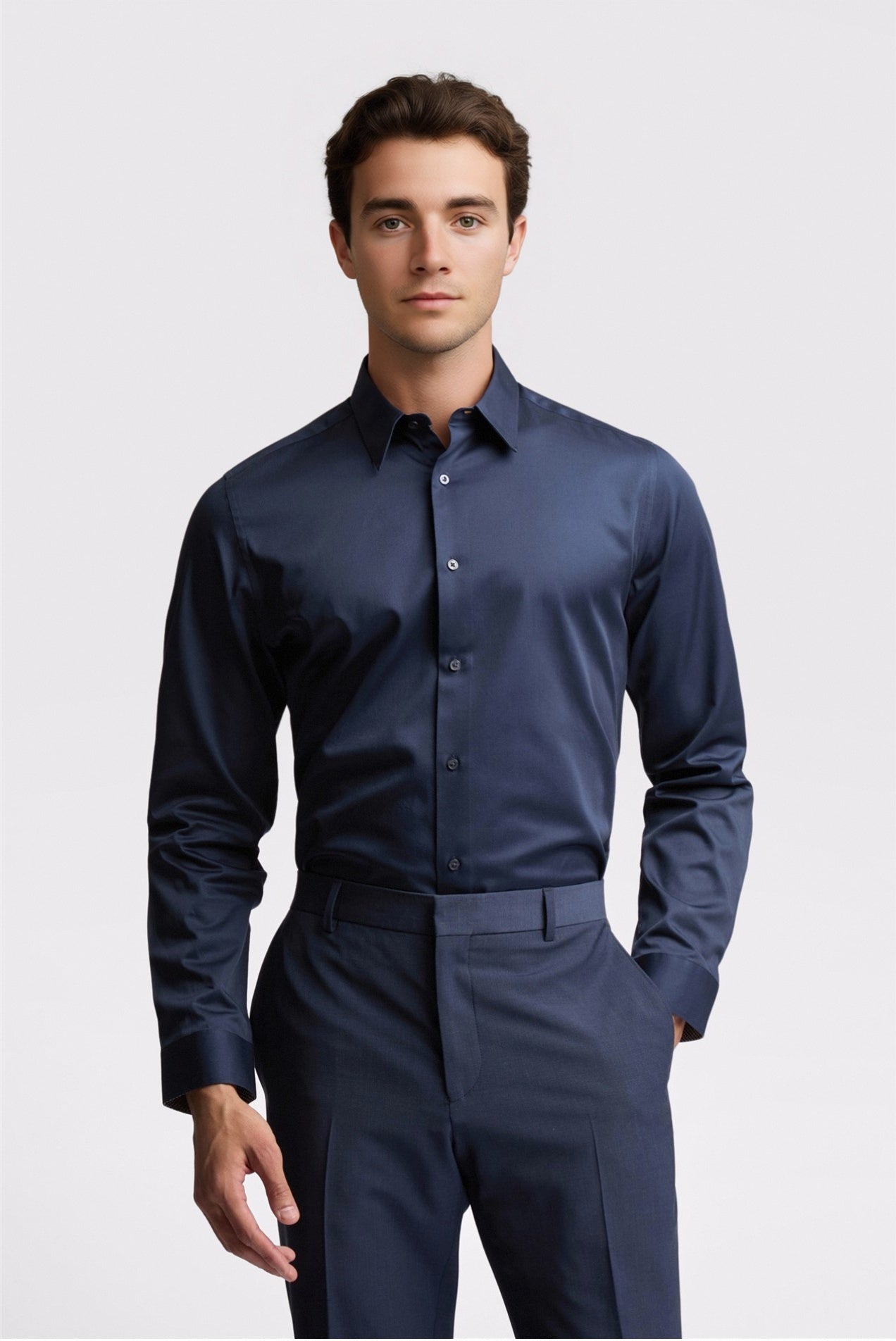 Modern Navy Sateen Shirt For Men Main image