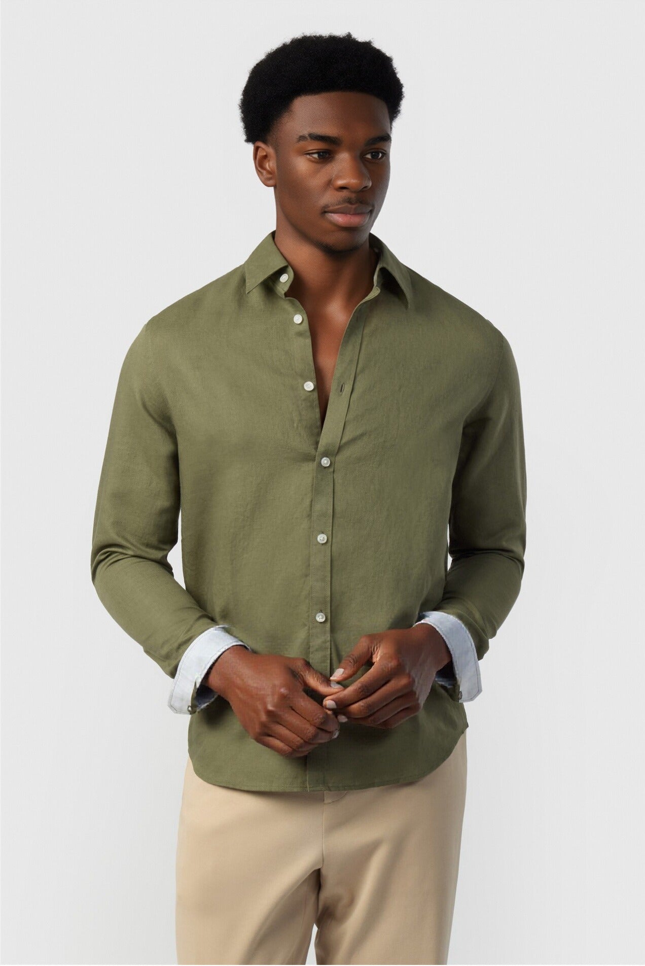 Chic Olive Green Linen Blend Men Shirt Main image