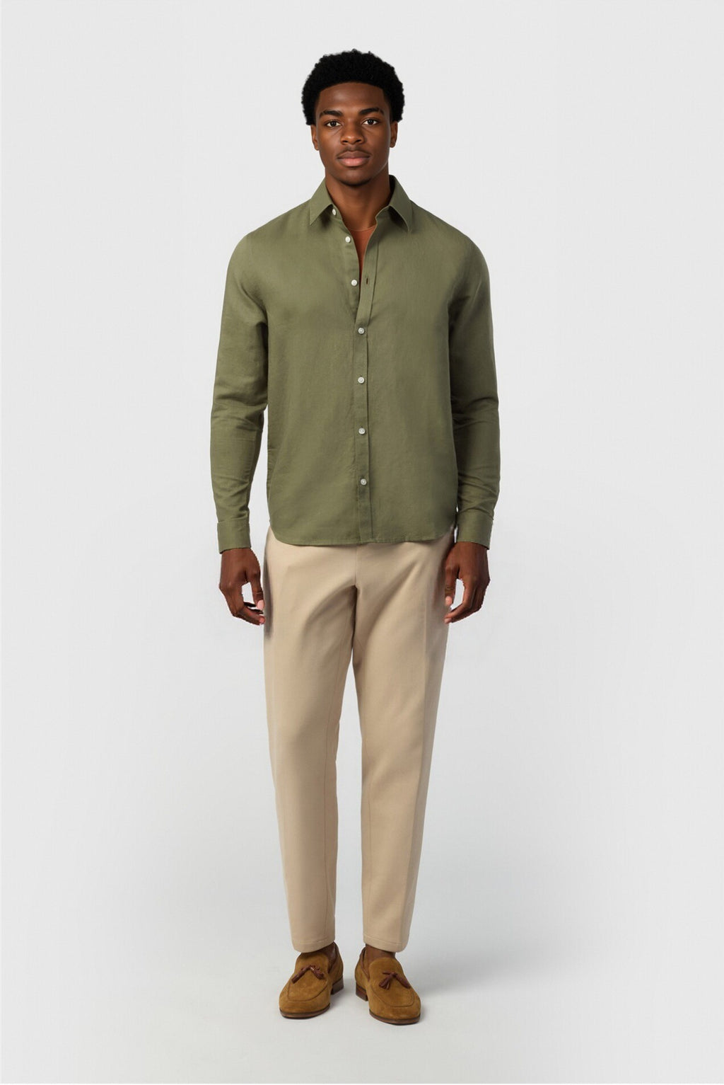 Chic Olive Green Linen Blend Men Shirt