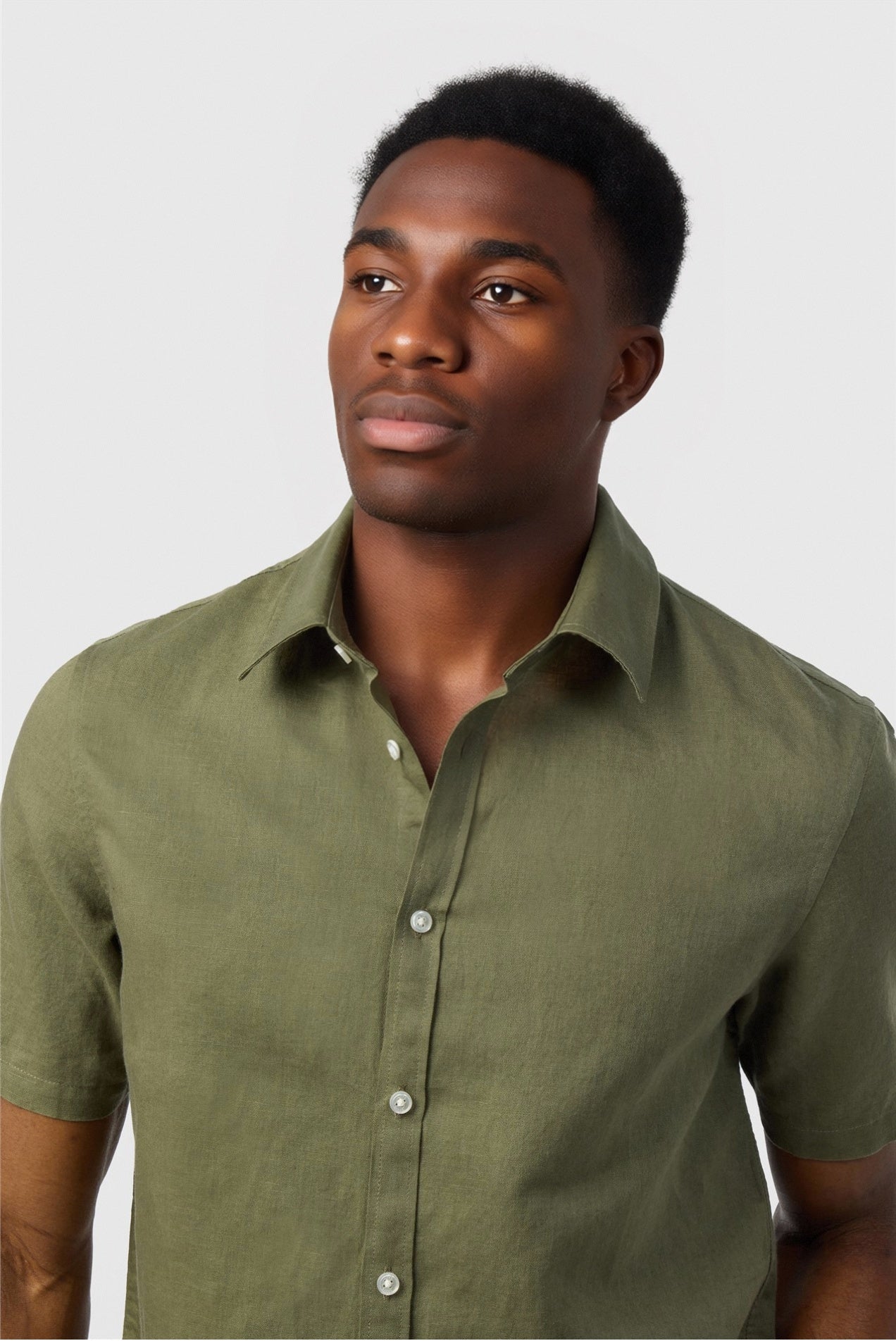 Olive Green Linen Blend Short Sleeve Shirt