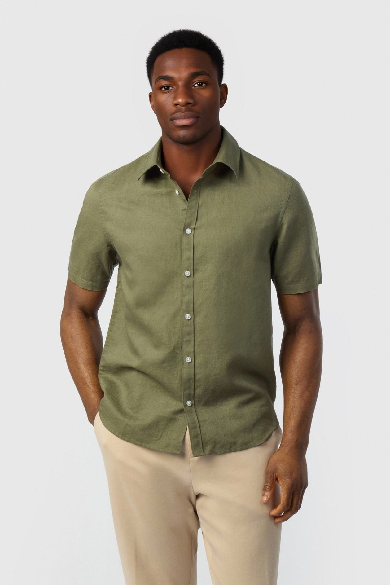 Olive Green Linen Blend Short Sleeve Shirt