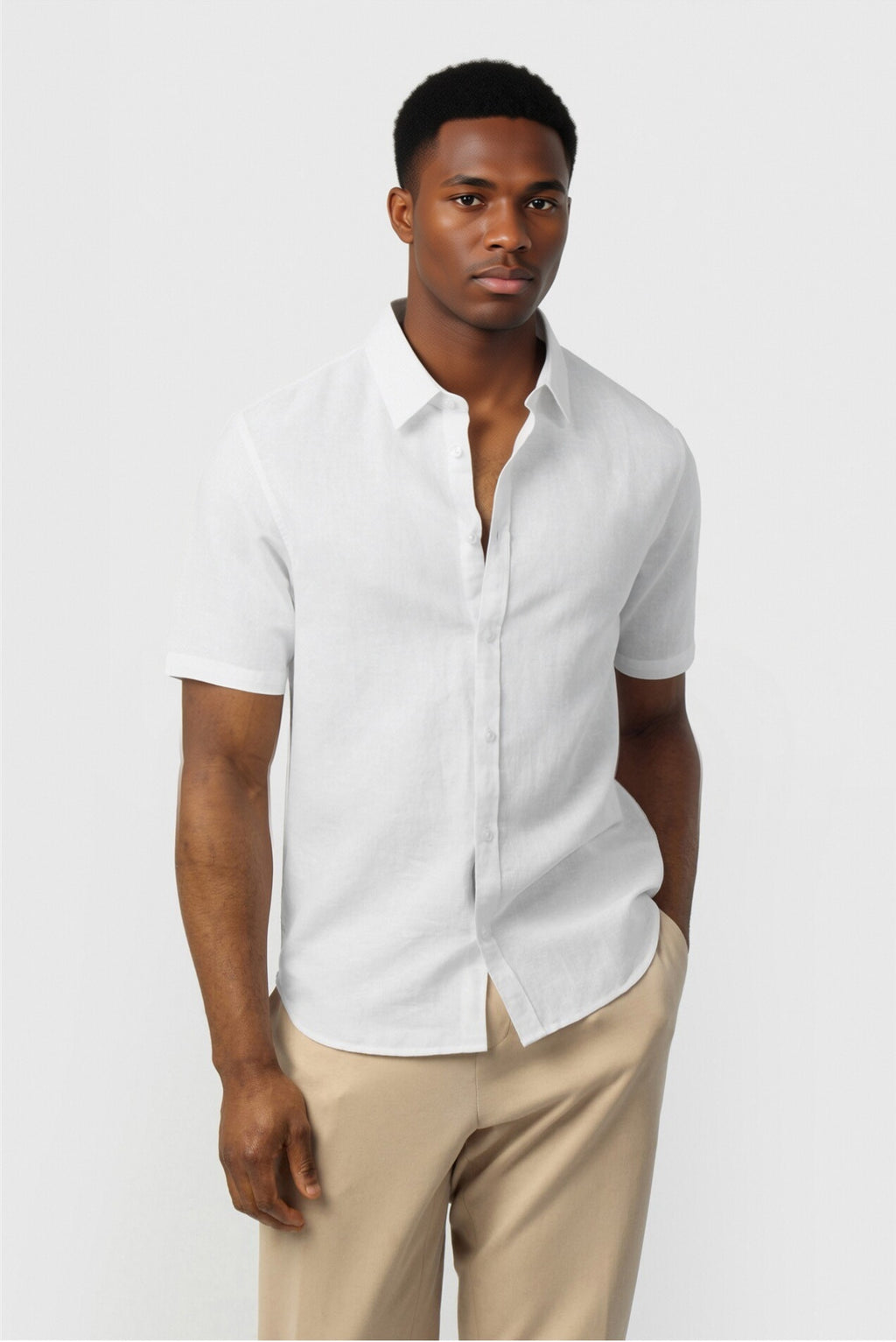 White Linen Blend Short Sleeve Men Shirt