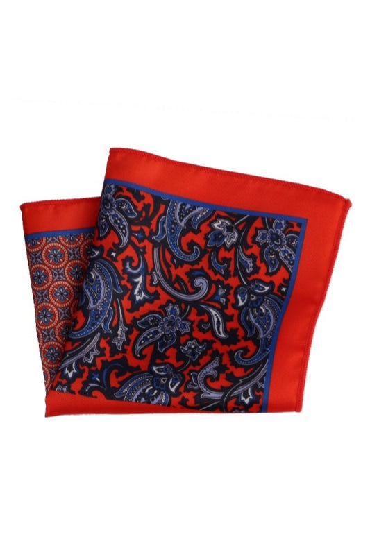 Bright Red Border Blue Paisley Double-Sided Men's Pocket Square Main image